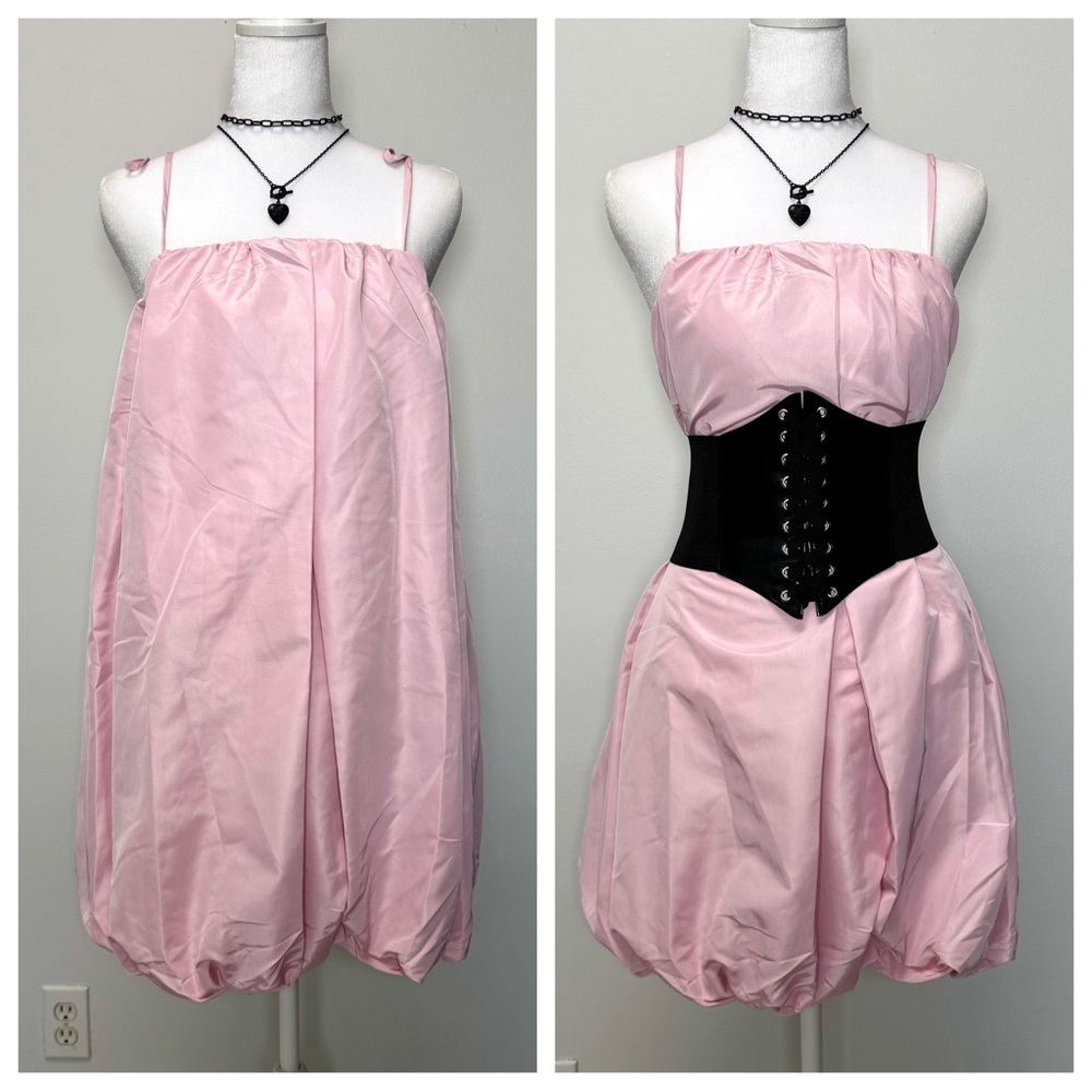 Pink Barbiecore Coquette Taffeta Bubble Hem Mini Dress NWT L Formal Prom - Picture 1 of 9